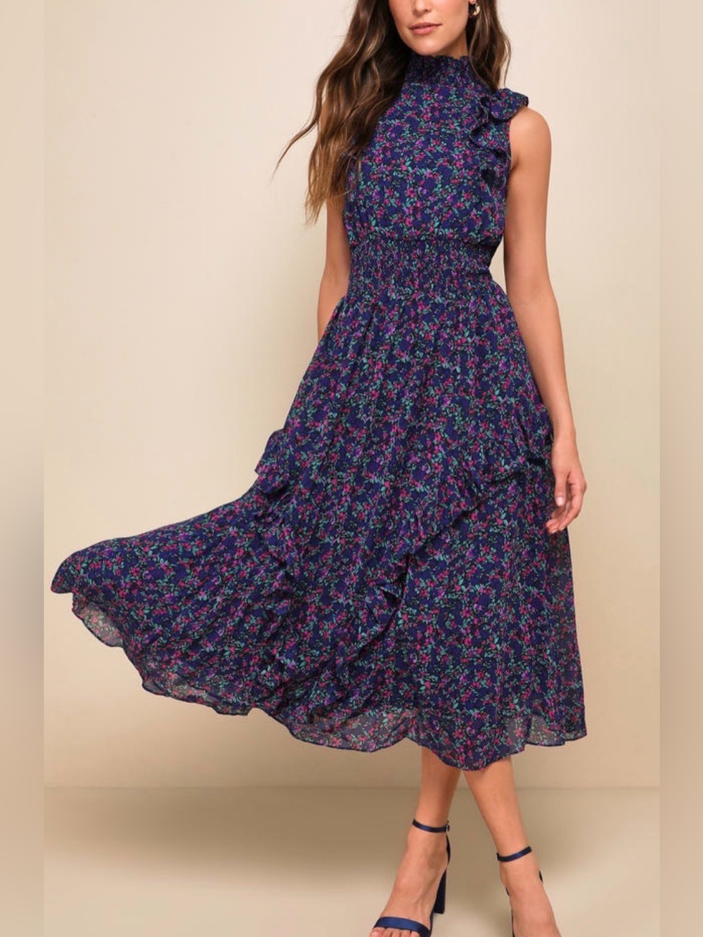 Lulus NWOT Evalina navy floral mock neck midi dress, XS